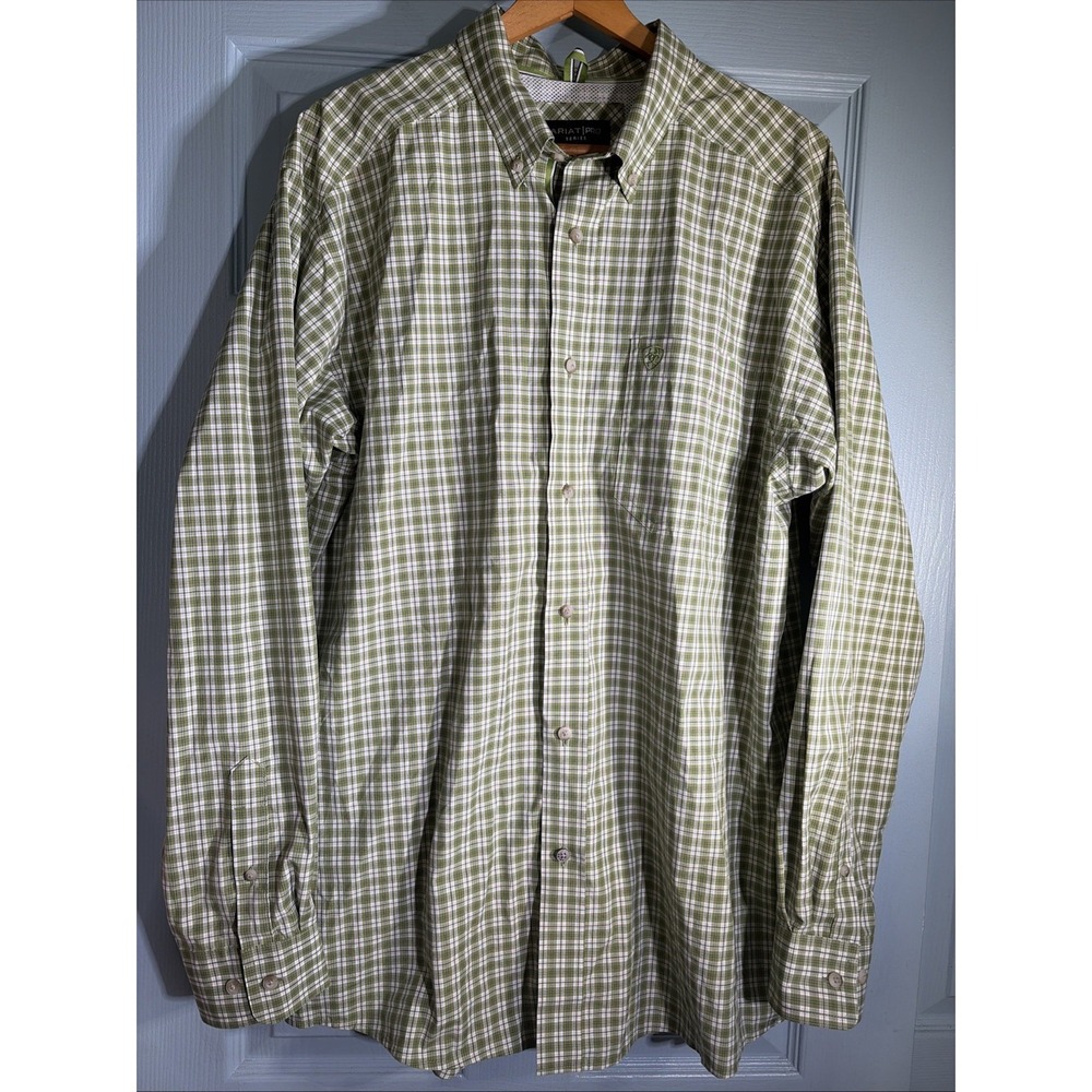ARIAT Pro Series Mens‎ Green Plaid Vented Long Sleeve Shirt Large Workwear